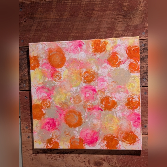 Hand Crafted Other - Abstract Floral Canvas Wall Art in Pink, Orange and Cream